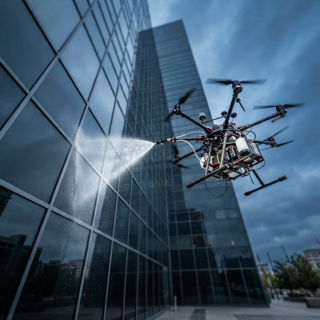 Cleaning drone hovering beside a glass high-rise tower, spraying pure water across the facade