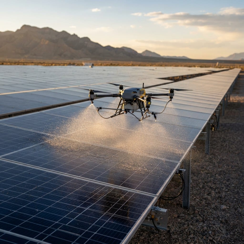 Drone spraying deionized water across a large solar panel array at golden hour