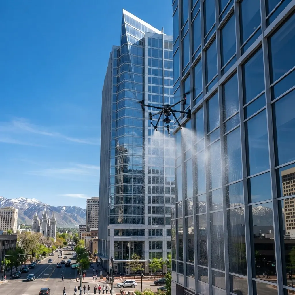An iconic Utah glass office tower being cleaned by a drone spraying water along its exterior facade